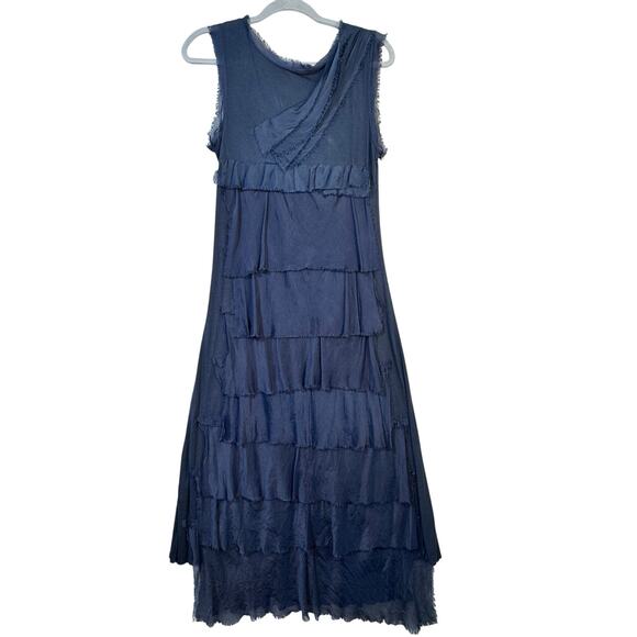 Meo Meli Italian Silk Blend Raw Ruffle Tiered Sleeveless Maxi Dress Size Medium - Picture 1 of 7